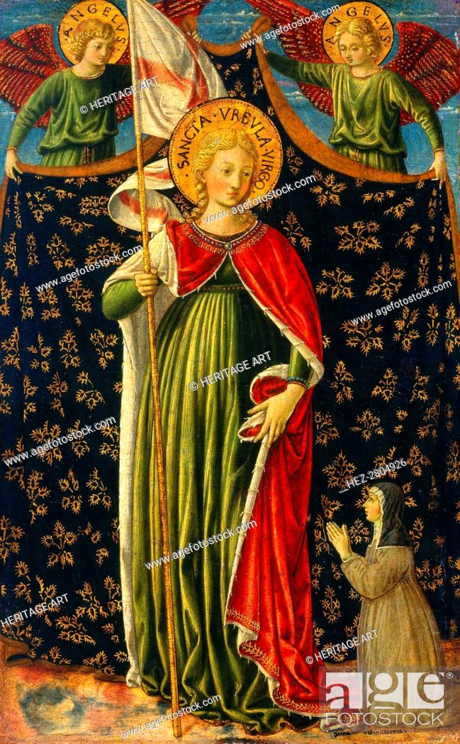 Stock Photo: Saint Ursula with Two Angels and Donor, c. 1455/1460. Creator: Benozzo Gozzoli.