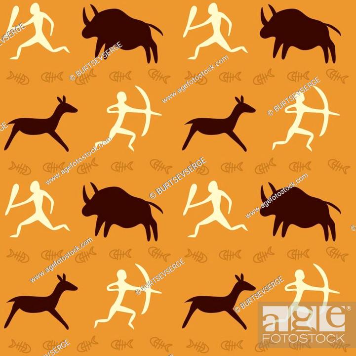 Vector Seamless Pattern with Cave Drawings Theme, hunting caveman and wild  animals, Stock Vector, Vector And Low Budget Royalty Free Image. Pic.  ESY-047480851 | agefotostock