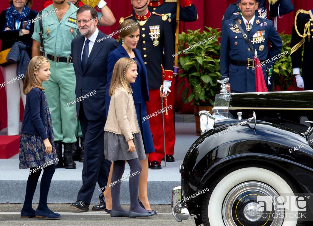 Stock Photo: Madrid, 12-10-2015 HM Queen Letizia, ,Princess Leonor and Princess Sofia HM King Felipe, HM Queen Letizia, Princess Leonor.
