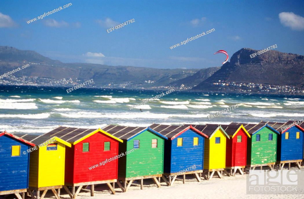 Stock Photo: Muizenburg bathing boxes near Capetown. South Africa.