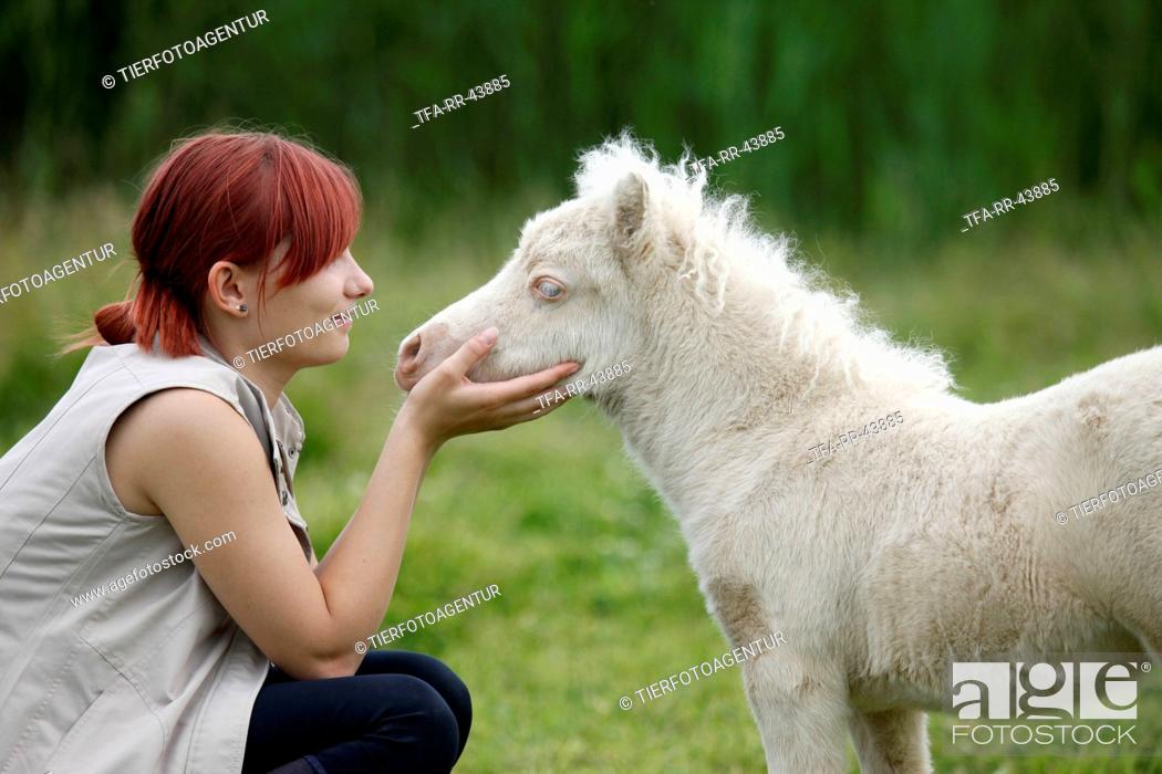 Stock Photo: woman and Miniature Shetland Pony foal.