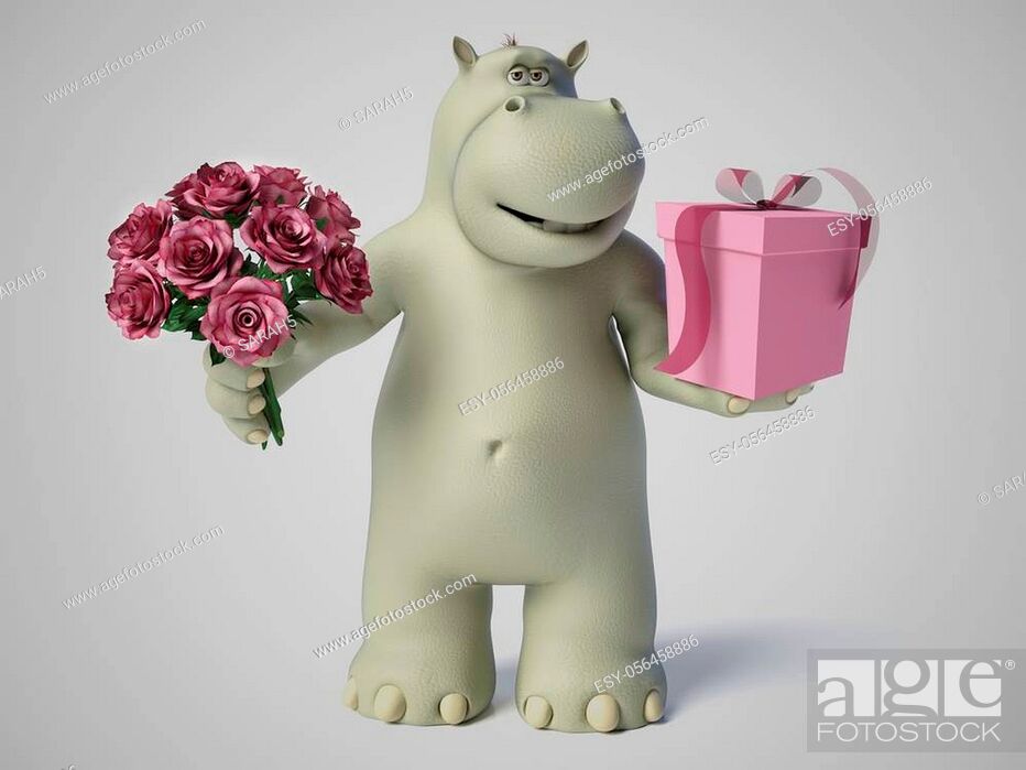 3D rendering of romantic cartoon hippo holding a bouquet of pink roses in  one hand and a gift in the..., Stock Photo, Picture And Low Budget Royalty  Free Image. Pic. ESY-056458886 |