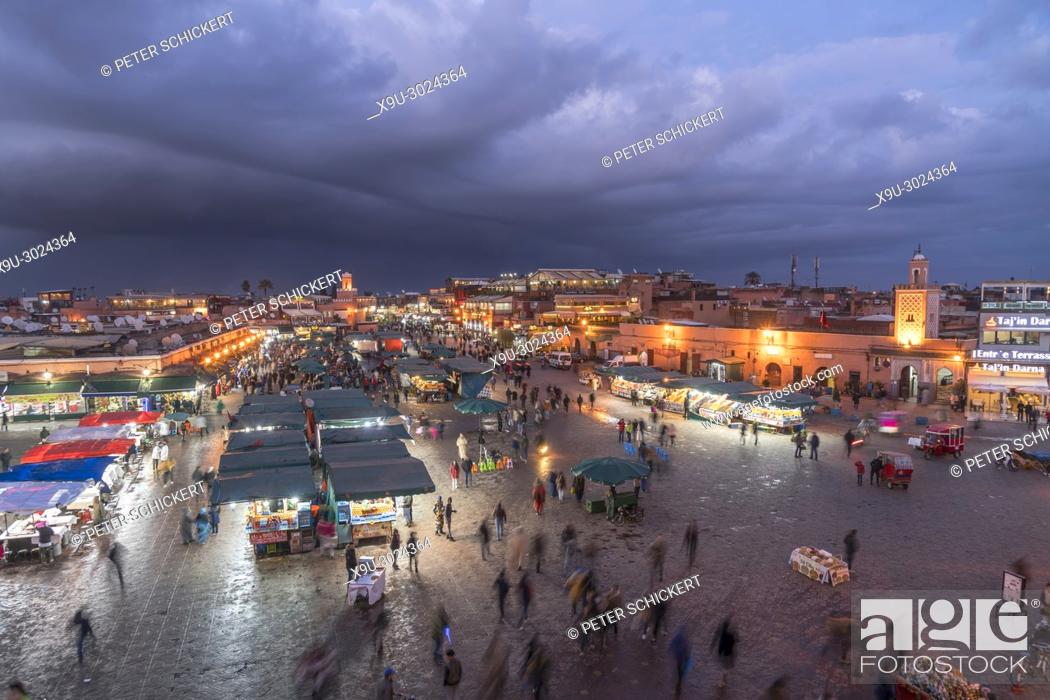 Stock Photo: Jemaa el-Fnaa place at dusk, Marrakesh, Kingdom of Morocco, Africa.