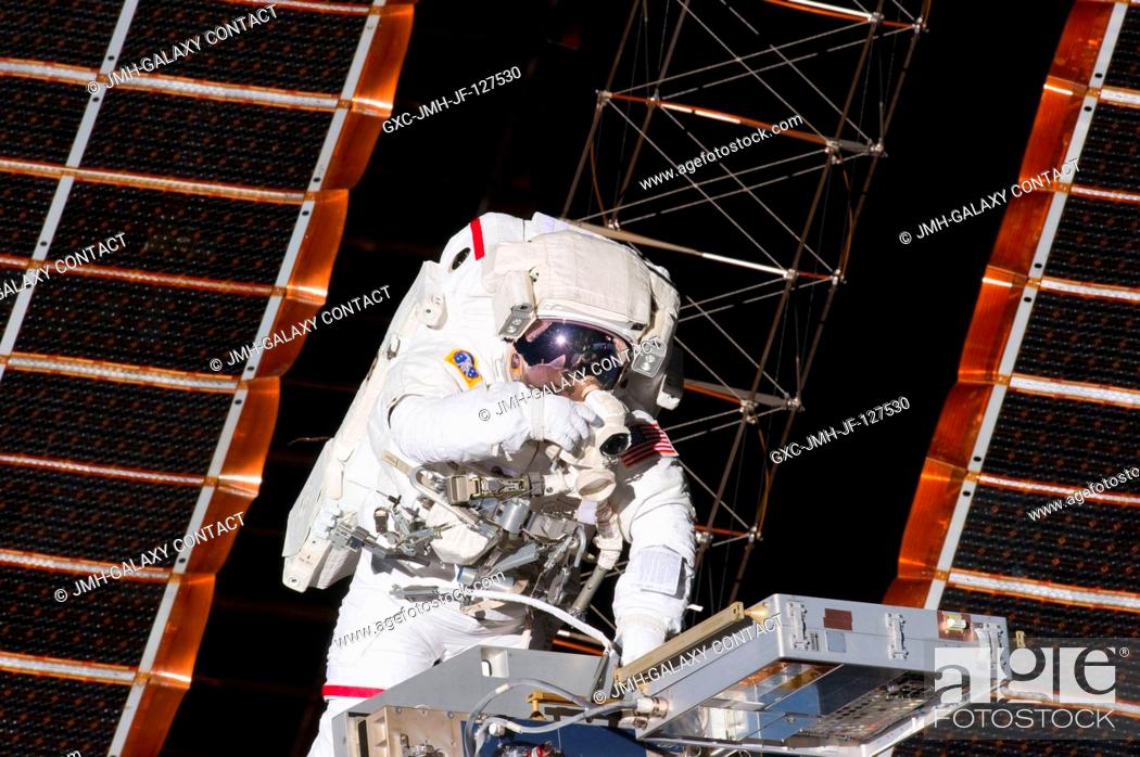 Stock Photo: NASA astronaut Andrew Feustel, STS-134 mission specialist, participates in the mission's first session of extravehicular activity (EVA) as construction and.