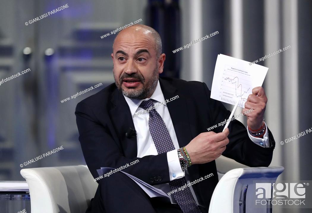 Stock Photo: Italian journalist Gianluigi Paragone during the Porta a Porta television show. Rome (Italy), February 19th, 2019.