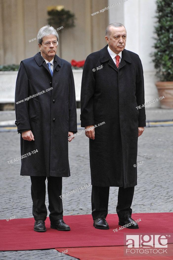 Stock Photo: Italian Prime Minister Paolo Gentiloni meets with Turkish President Recep Tayyip Erdogan, Rome, Italy 05/02/2018.