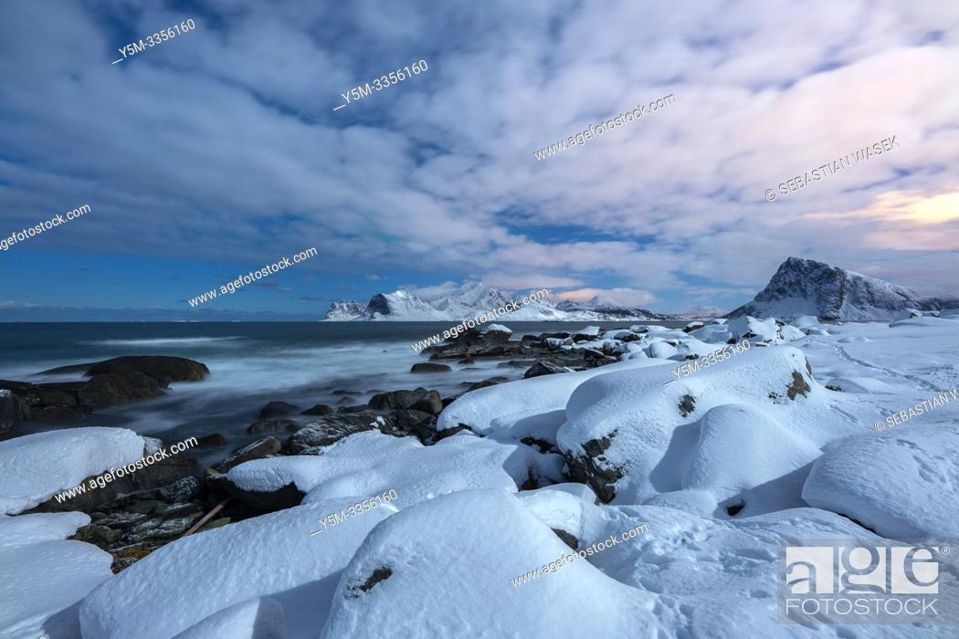 Stock Photo: Storsandnes Beach in Moonlight, Myrland, Leknes, Lofoten, Norway, Europe.