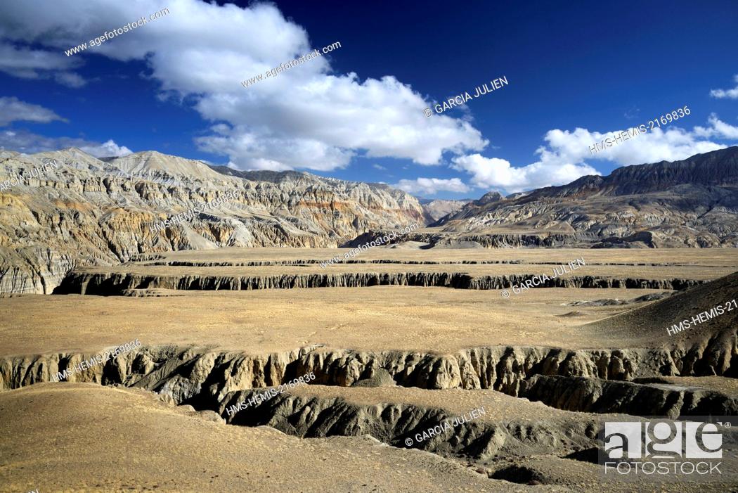 Stock Photo: Nepal, Gandaki zone, Upper Mustang (near the border with Tibet), plateau and deep canyons near Yara.
