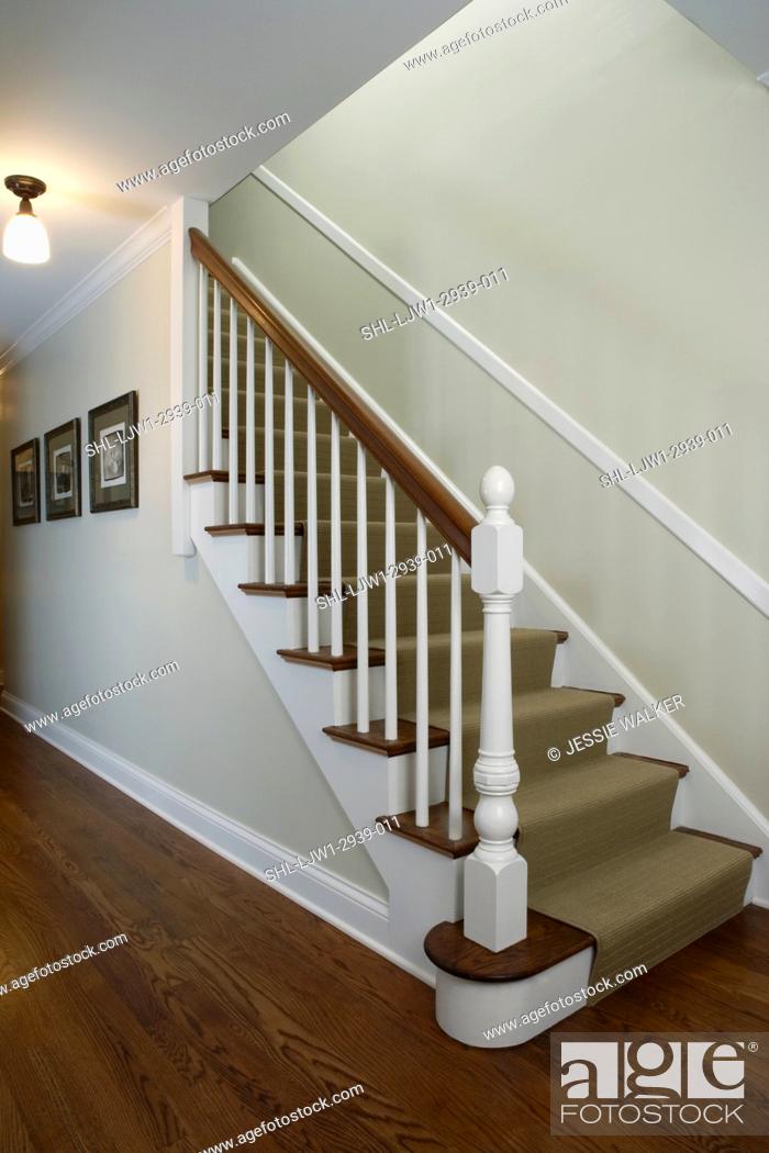 Stairs Traditonal Home Pale Green Walls White Wood Trim Chair