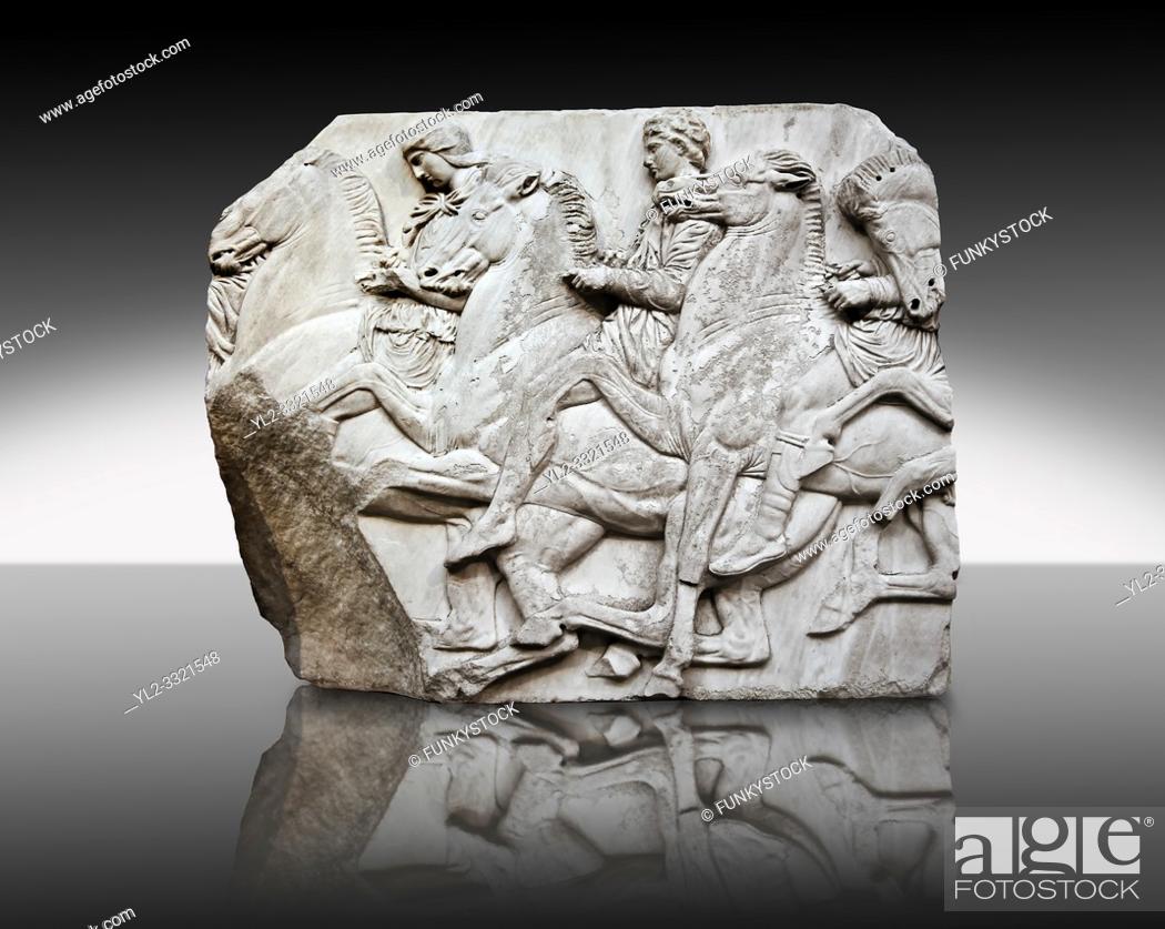 Stock Photo: Marble Releif Sculptures from the north frieze around the Parthenon Block XLIV 122-123 . From the Parthenon of the Acropolis Athens.