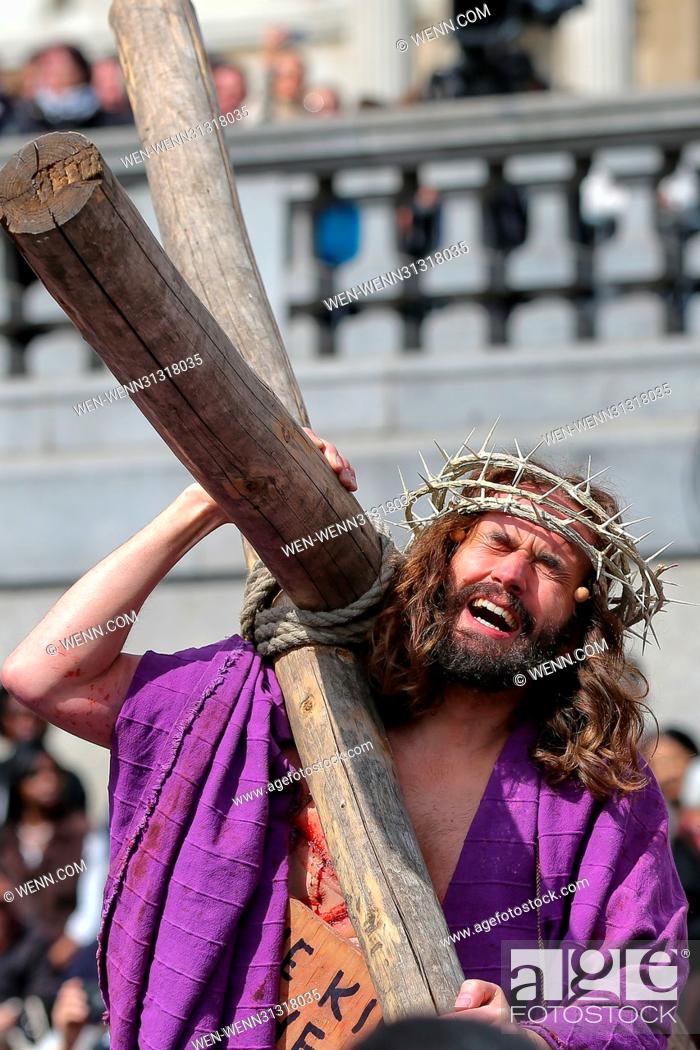 Stock Photo: The Wintershall Estate Players perform the Passion of Jesus. The role of Jesus is played by James Burke-Dunsmore. The Good Friday performance depicts the last.