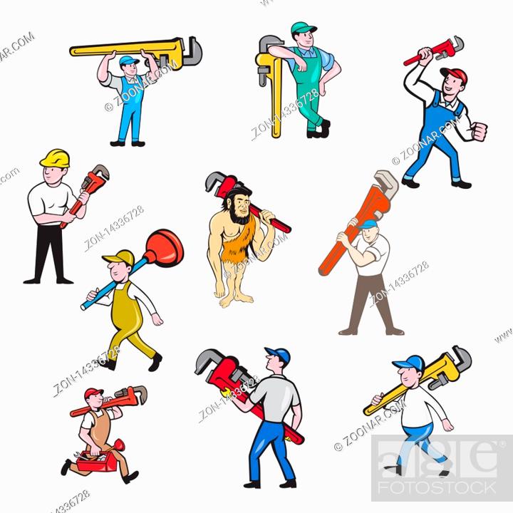 Set or collection of cartoon character mascot style illustration of a  plumber contractor in overalls..., Stock Photo, Picture And Rights Managed  Image. Pic. ZON-14336728 | agefotostock