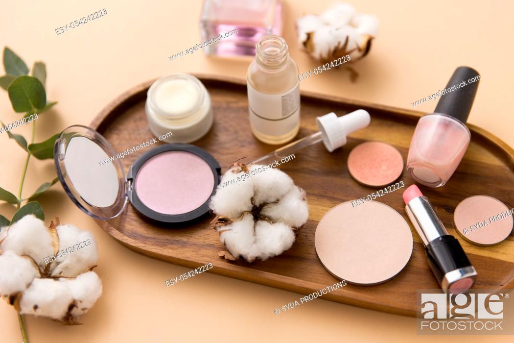 Stock Photo: makeup, perfume and cosmetics on wooden tray.