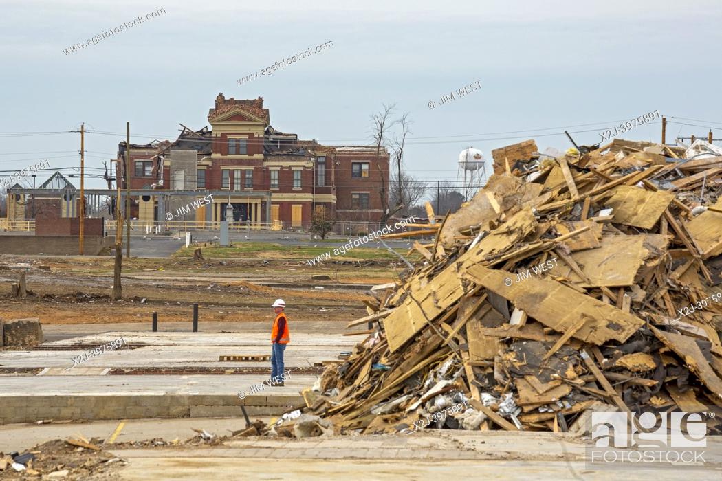 Stock Photo: Mayfield, Kentucky - Damage from the December 2021 tornado that devasted towns in western Kentucky. The clock tower atop the Graves County Courthouse was blown.