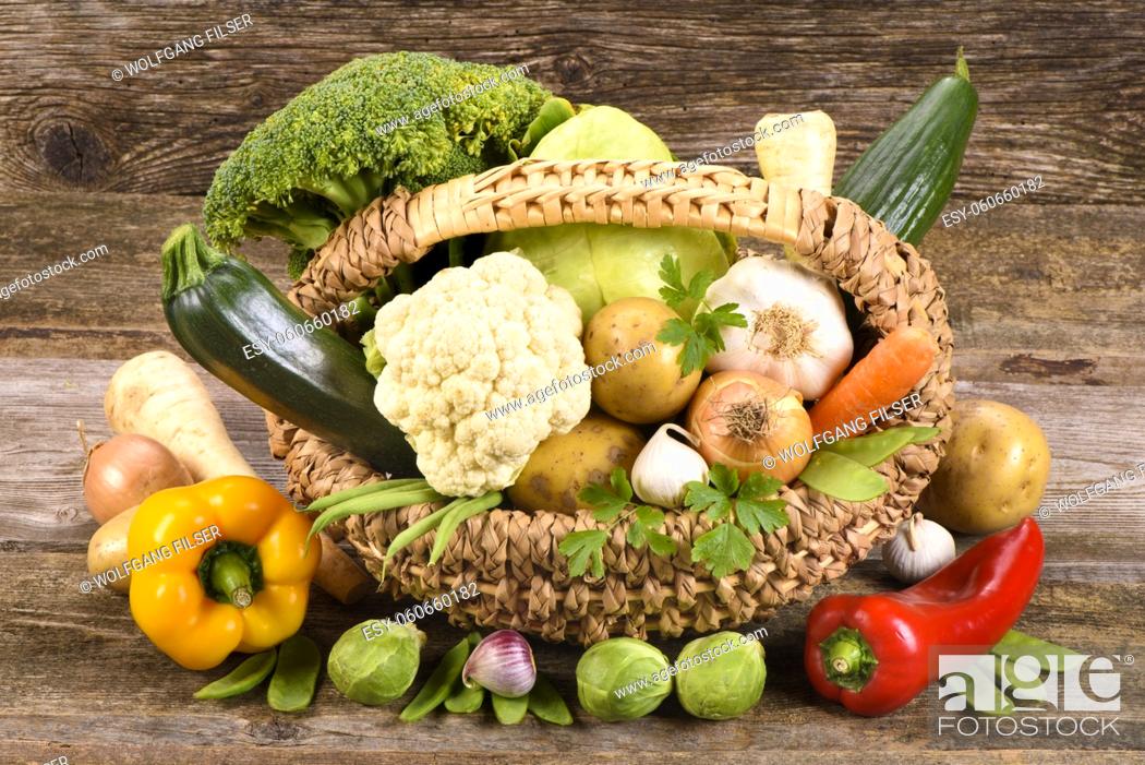 Stock Photo: arrangement of fresh vegetable fruits.