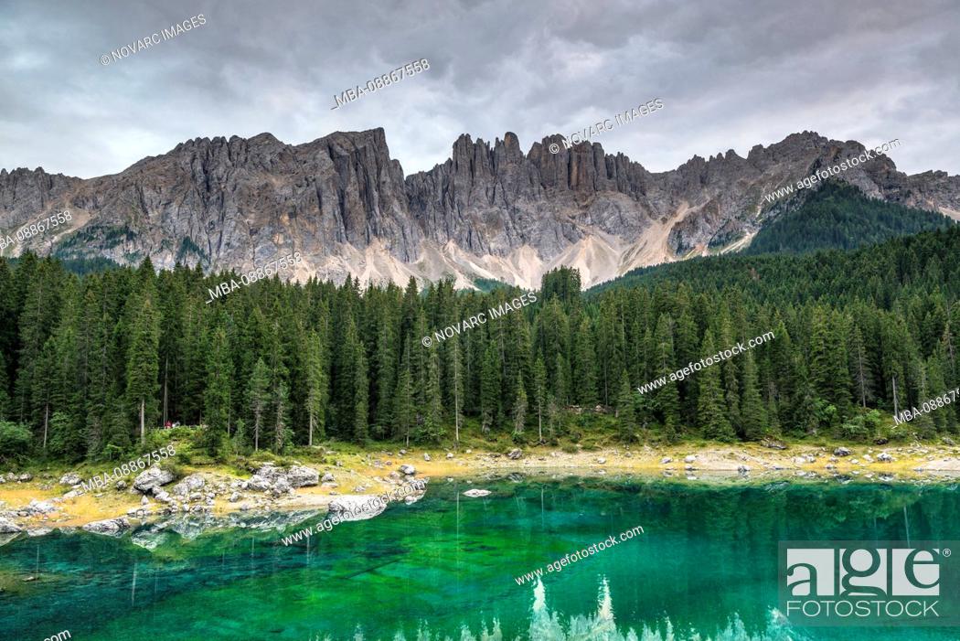 Stock Photo: Latemar mountain and Karersee, Dolomites, South Tyrol, Italy.