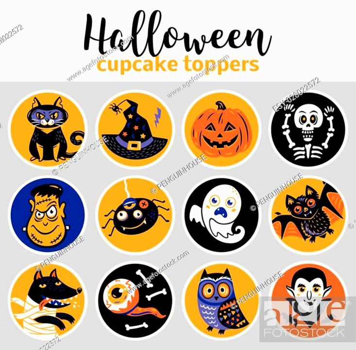 Cupcake toppers for Halloween. Vector illustration with cartoon characters,  Stock Vector, Vector And Low Budget Royalty Free Image. Pic. ESY-028022572  | agefotostock