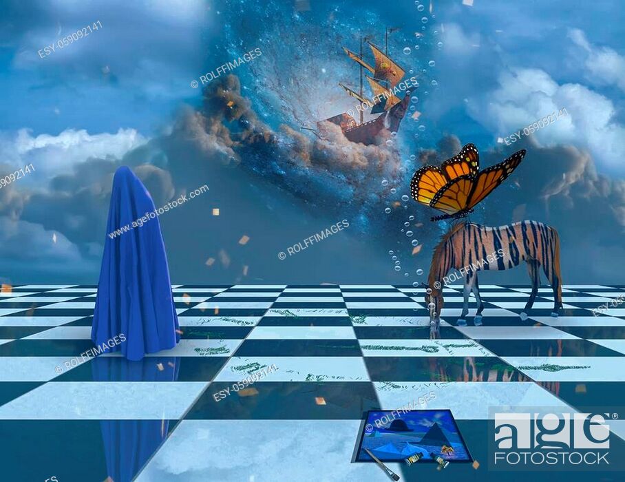 Stock Photo: Strange dreams. Surreal landscape. Striped horse. Figure hidden under cloth. Ancient sailboat on clouds and butterfly. 3D rendering.