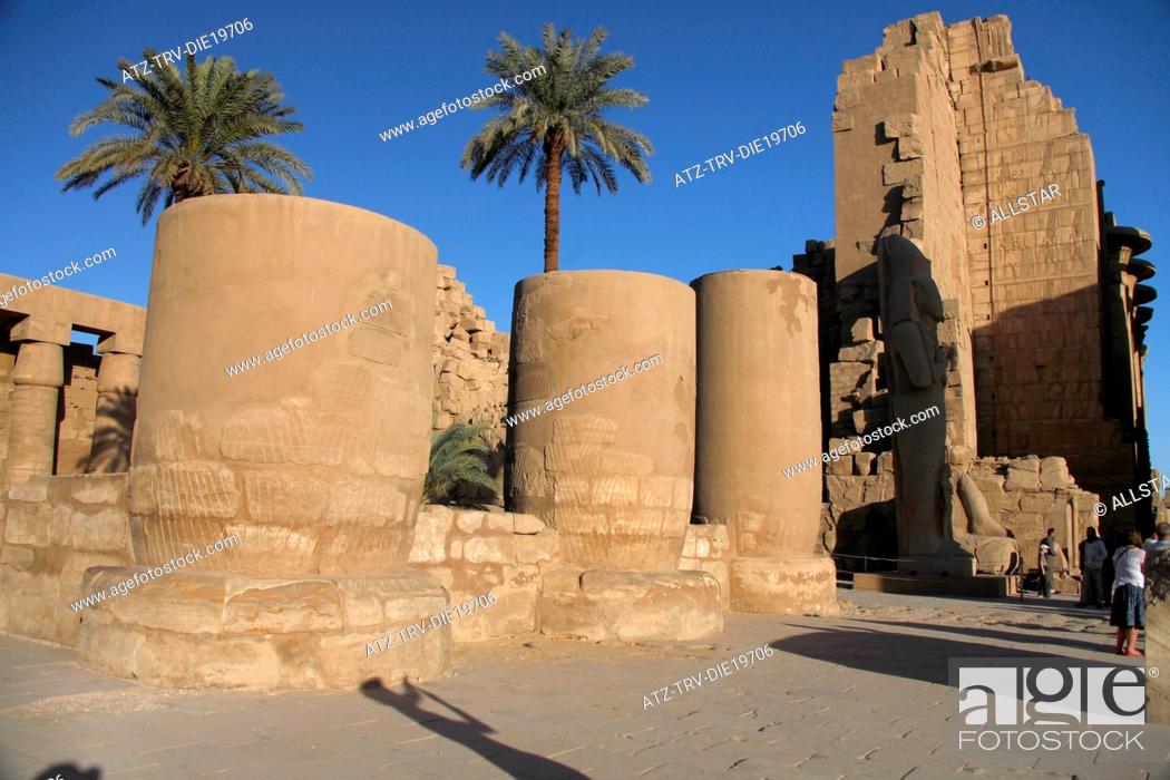 Stock Photo: COLUMNS & PALM TREES; TEMPLE OF ANUN, KARNAK, LUXOR, EGYPT; 08/01/2013.