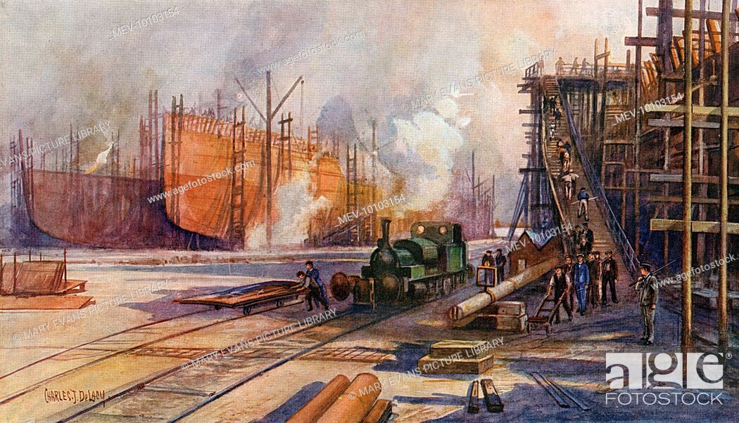 Stock Photo: Scene in a British shipyard during World War One, when ships were being built as rapidly as possible to replace those sunk by the German U-boats.