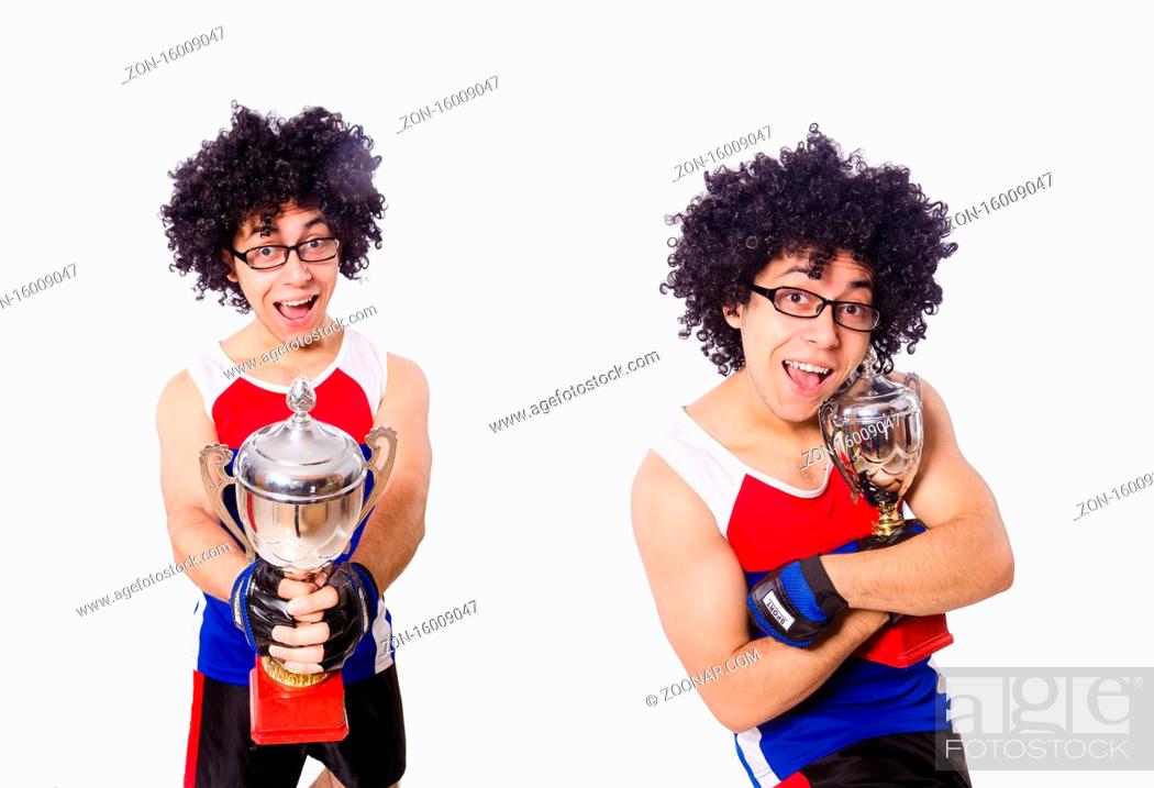 Stock Photo: The funny man after winning gold cup isolated on white.