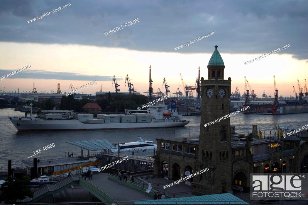 Stock Photo: Sankt Pauli Landungsbruecken and harbour, View over tower at Landungsbruecken to dockyardwith cranes, Sankt Pauli, Hamburg, Germany.