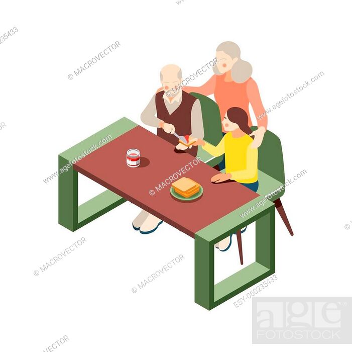 Stock Vector: Grandparents isometric icon with grandpa making toast for girl 3d vector illustration.