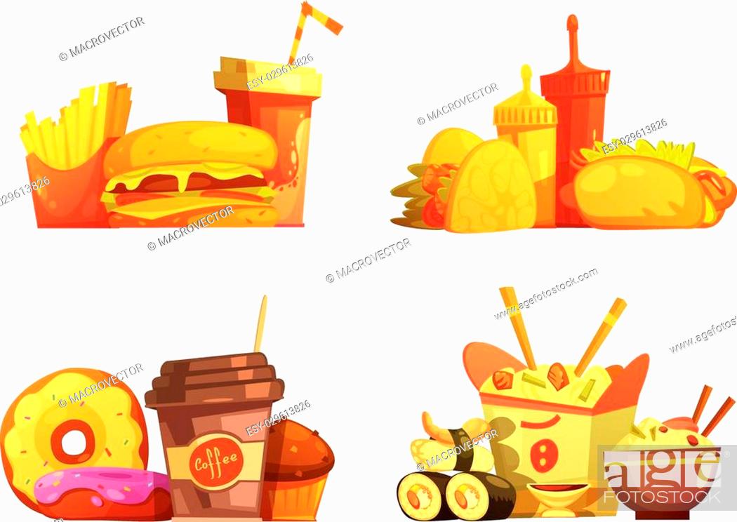 Fast food restaurant meals menu 4 samples square composition with taco and  sushi cartoon retro..., Stock Vector, Vector And Low Budget Royalty Free  Image. Pic. ESY-029613826 | agefotostock