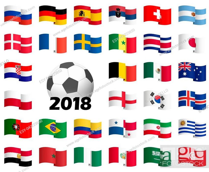 Stock Vector: alle flags of national teams of russian soccer game 2018.