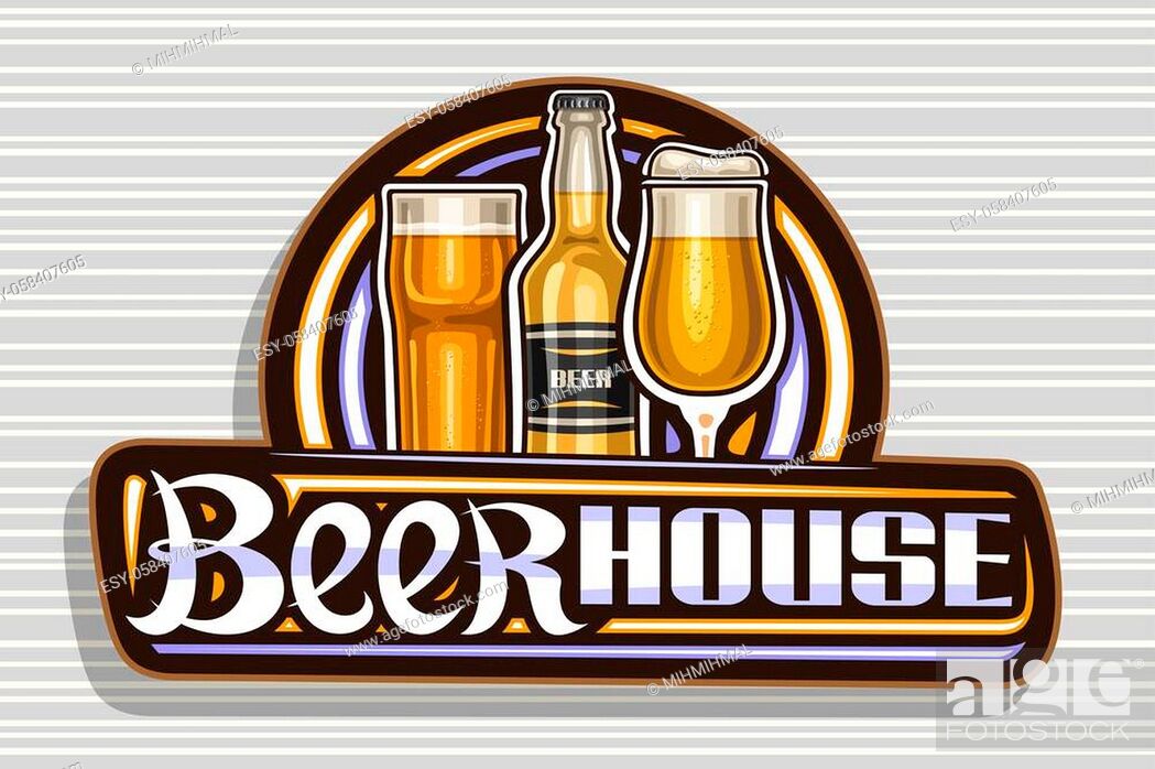 Vector: Vector logo for Beer House, dark decorative sign board with illustration of full beer glass with froth and golden highball.