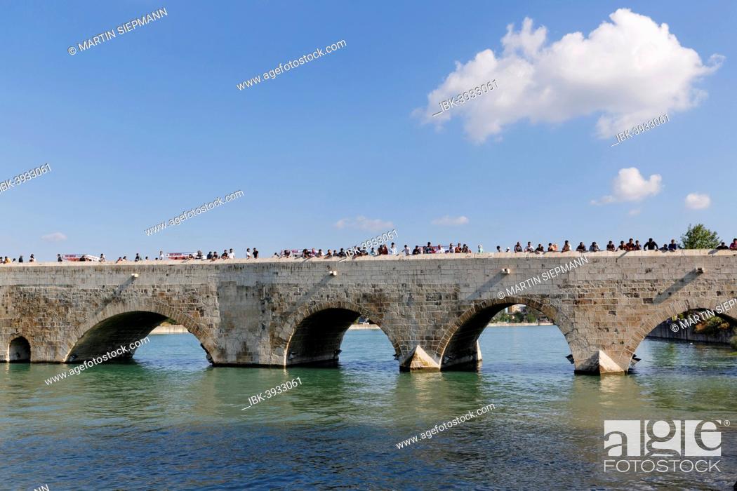 Stock Photo: Old stone bridge, Tasköprü, Seyhan River, Adana, Çukurova, Mediterranean, Turkey.