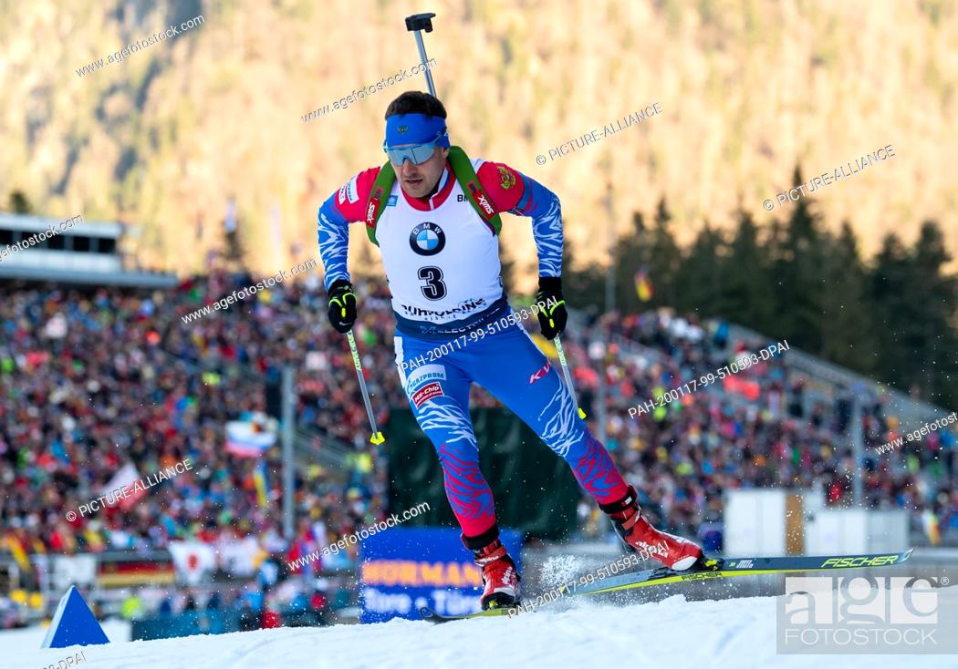 Stock Photo: 16 January 2020, Bavaria, Ruhpolding: Biathlon: World Cup, sprint 10 km, men in the Chiemgau Arena. Evgeniy Garanichev from Russia in action.