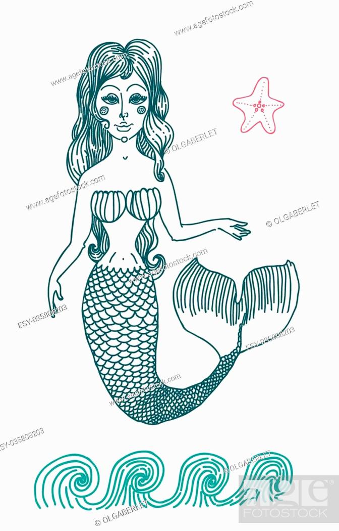 Vector graphic drawing fairy Mermaid with long curly hair, Stock Vector,  Vector And Low Budget Royalty Free Image. Pic. ESY-035808203 | agefotostock