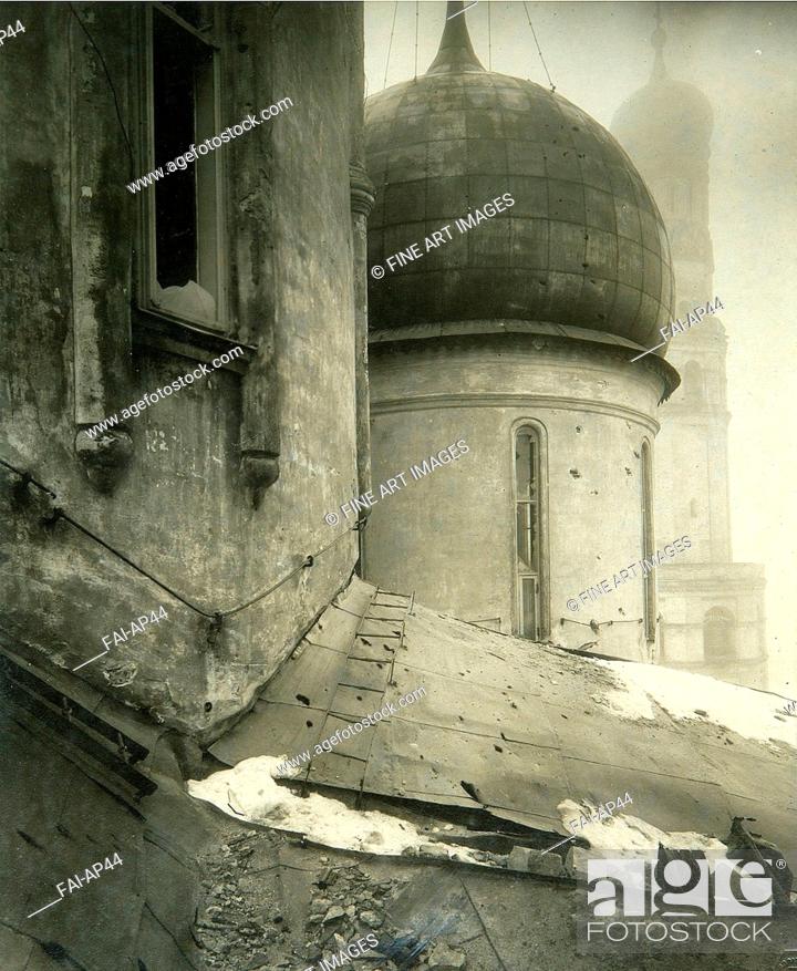 Stock Photo: The Cathedral of the Dormition in the Moscow Kremlin after the shelling on November 1917. Pavlov, Pyotr Petrovich (1860-1925). Phototypie. 1917.