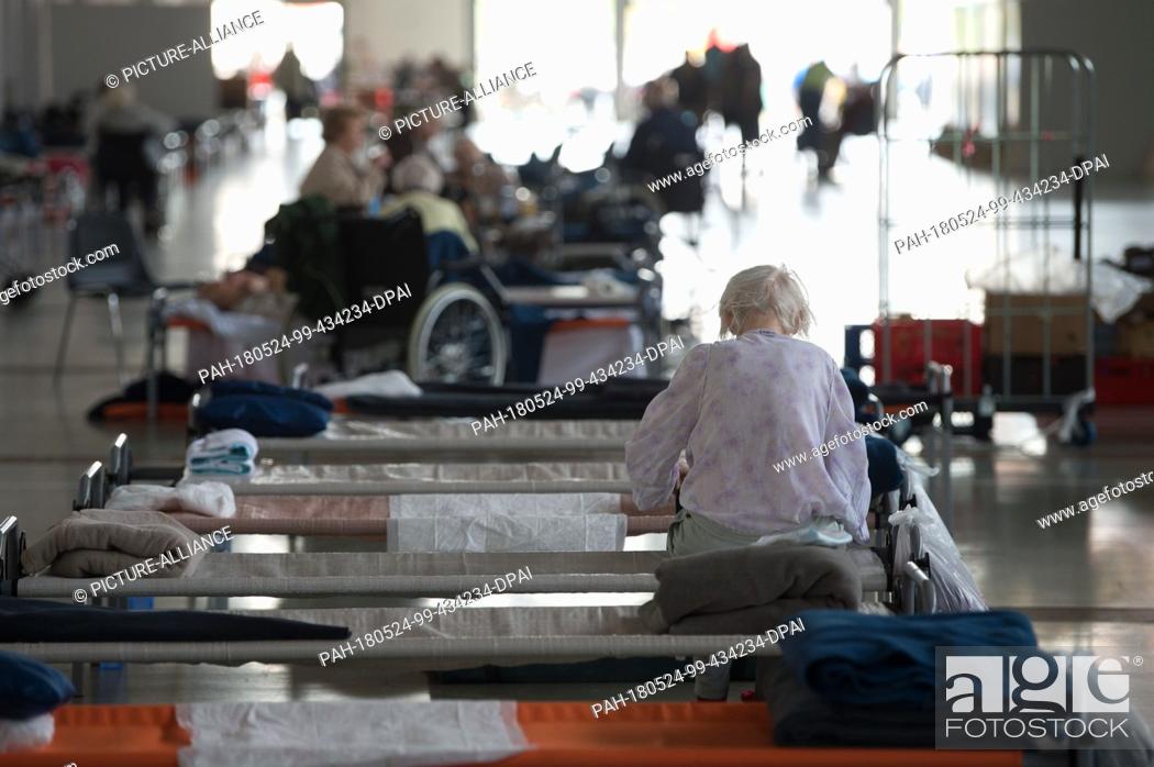 Stock Photo: 24 May 2018, Germany, Dresden: A resident effected by the evacuation in Dresden sitting at the site of the Dresden messe in an emergency shelter.