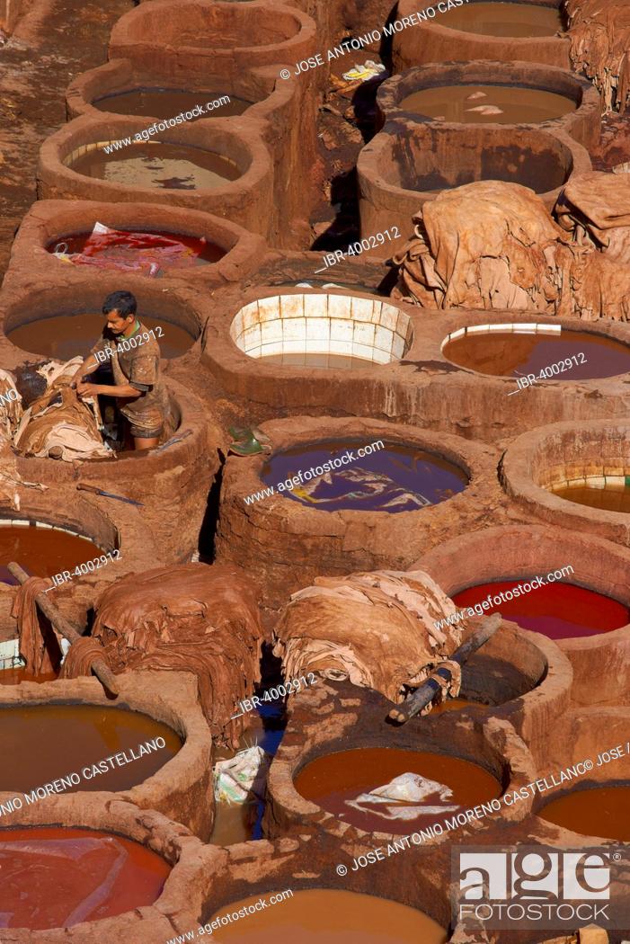 Stock Photo: Traditional tannery with dying vats, The Chouwara, Chouara, Old Town, Medina, Fez, Fes, Fez el Bali, Morocco.