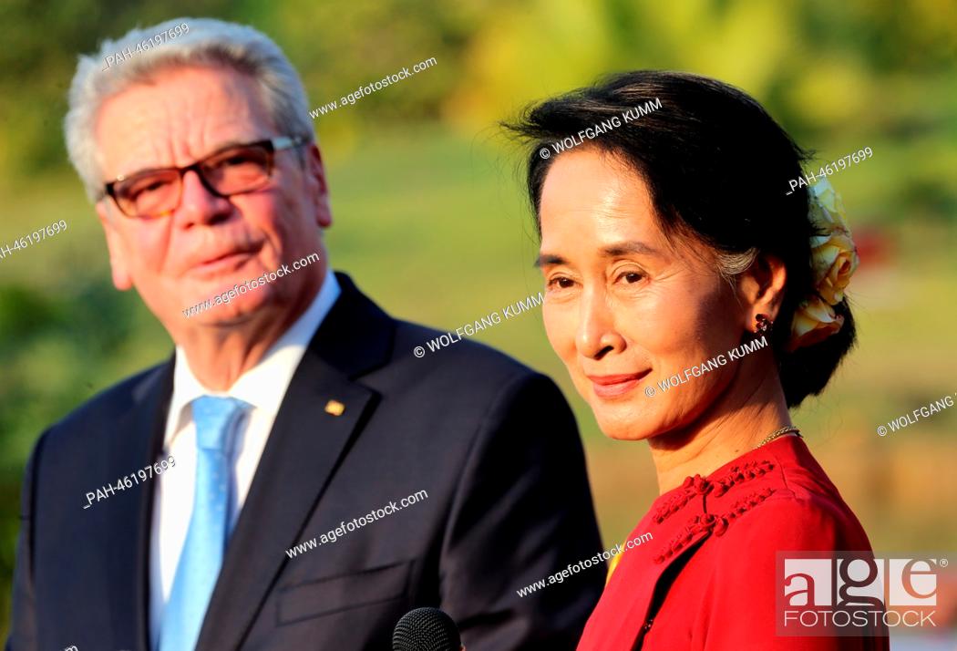 Stock Photo: German President Joachim Gauck and Burmese opposition politician Aung San Suu Kyi hold a press conference after their meeting in Naypyidaw, Myanmar.