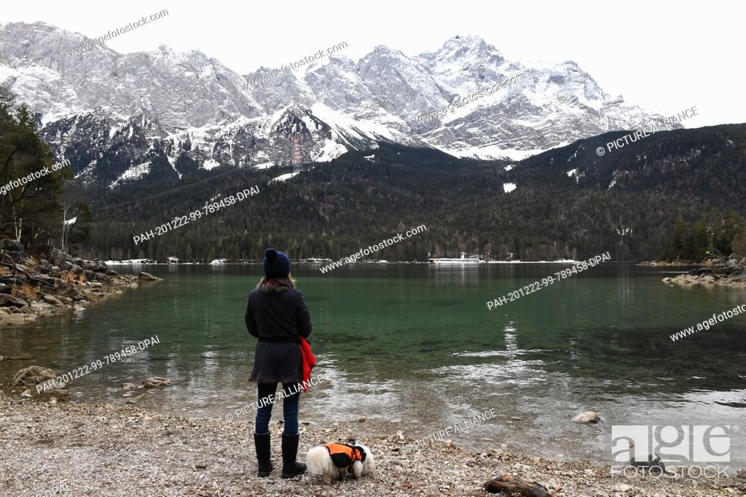 Stock Photo: 22 December 2020, Bavaria, Eibsee: A hiker stands with her dog at the Eibsee in front of the backdrop of the Zugspitze. With mild temperatures and slightly.