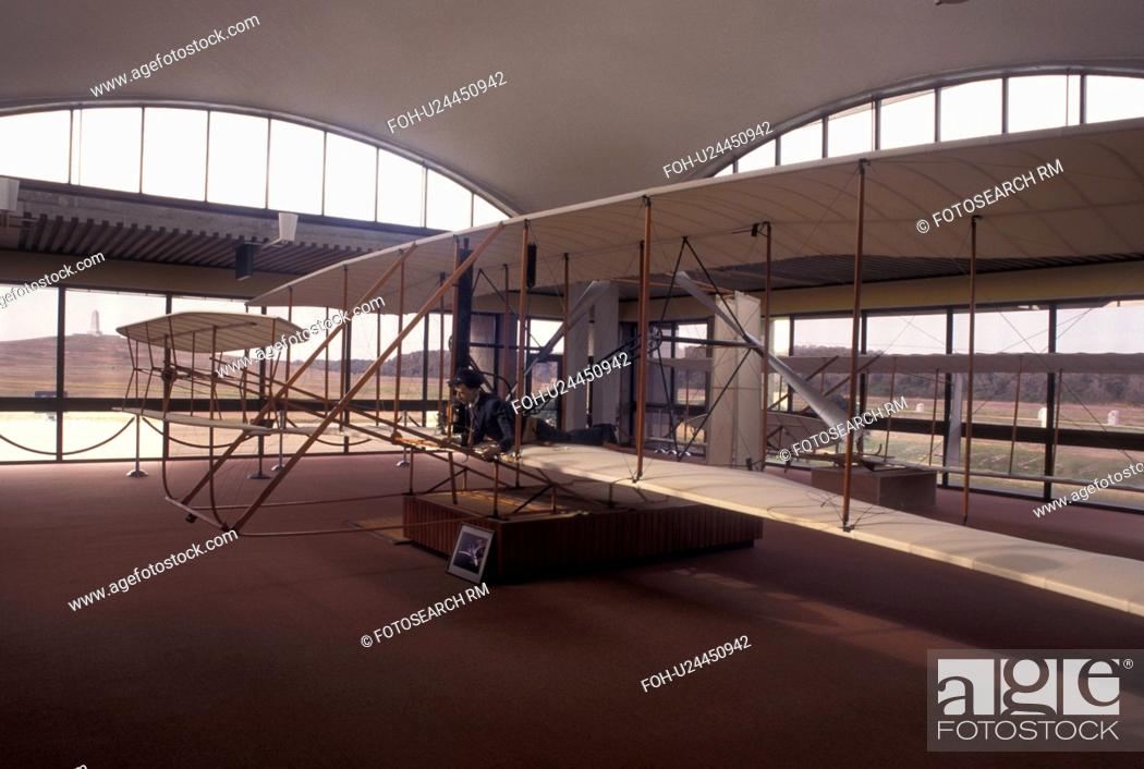 Stock Photo: Wright Brothers National Memorial, NC, North Carolina, Outer Banks, Wright Brothers plane inside the Wright Brothers National Memorial Visitor Center in the.