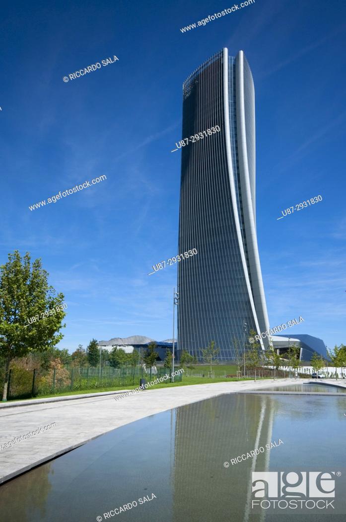 Stock Photo: Italy, Lombardy, Milan, CityLife, Hadid Tower designed by Zaha Hadid Architect.
