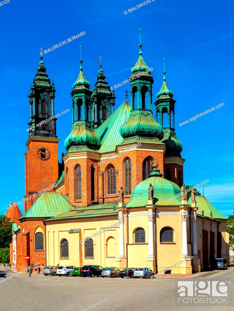Stock Photo: Poznan, Poland - June 5, 2015: Exterior of Archcathedral Basilica of St. Peter and St. Paul on historic Ostrow Tumski island at Cybina river.