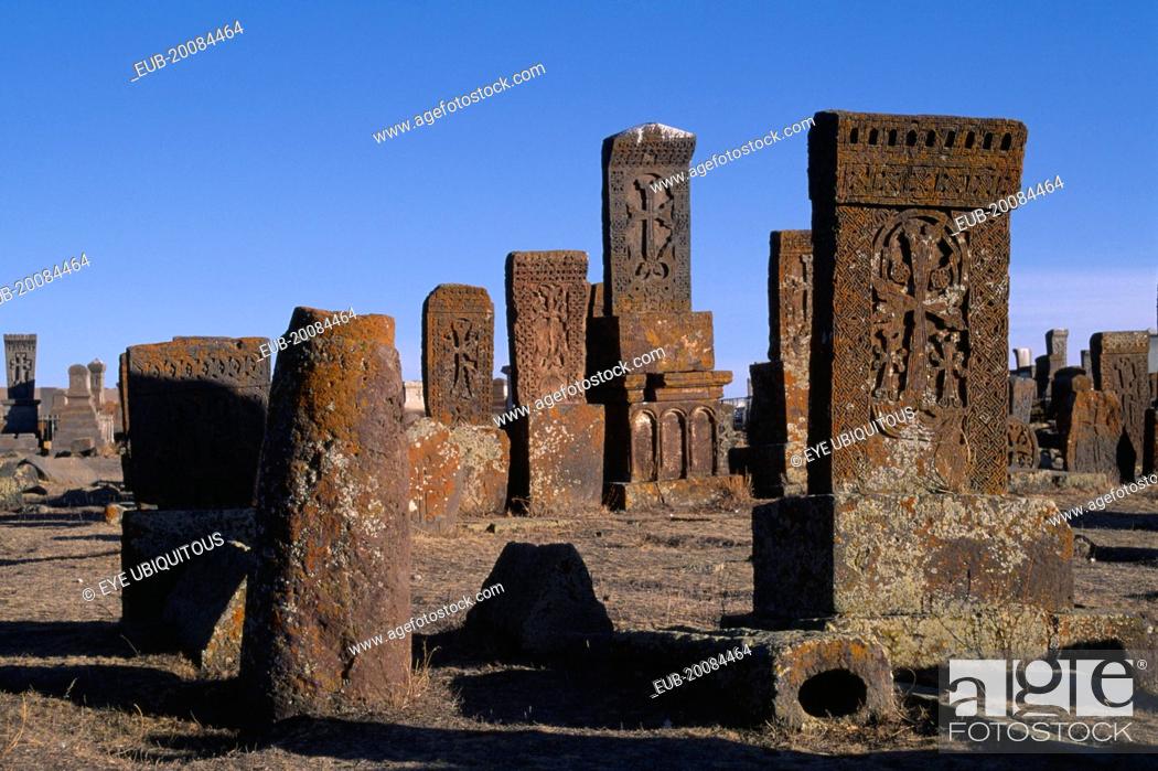 Stock Photo: Carved memorial stones or Khachkars dating 7th-13th century.