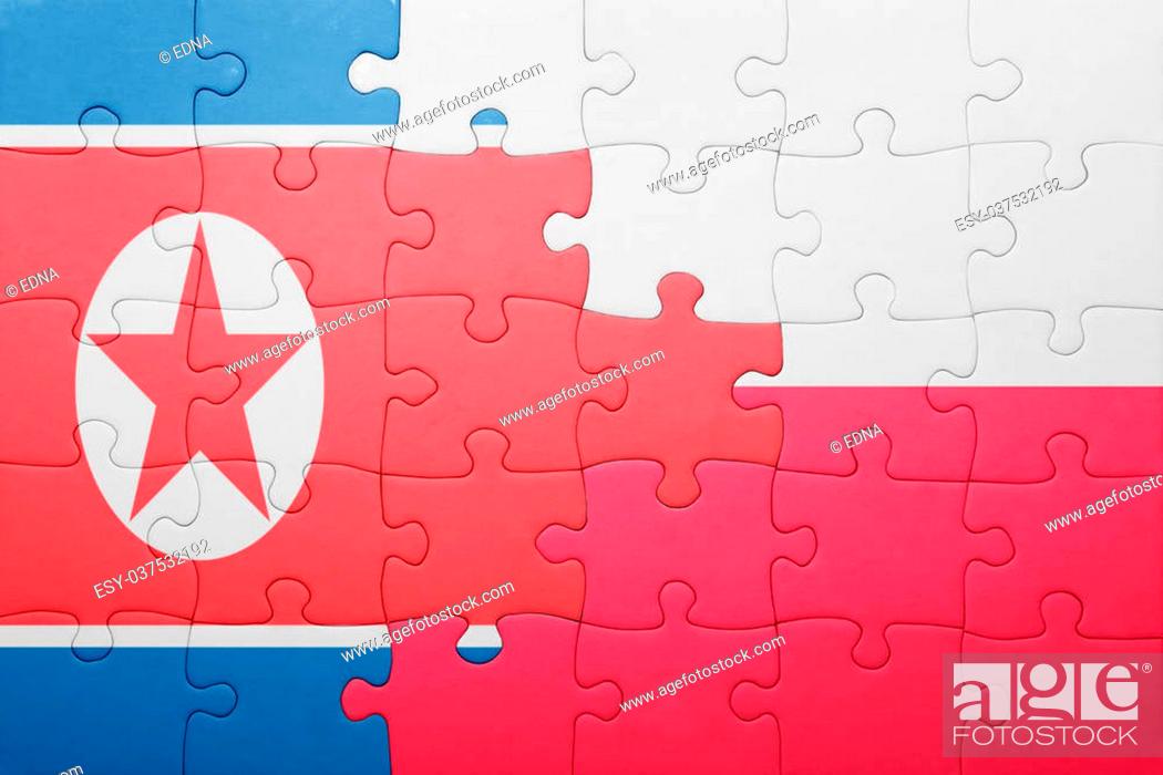 Stock Photo: puzzle with the national flag of north korea and poland . concept.