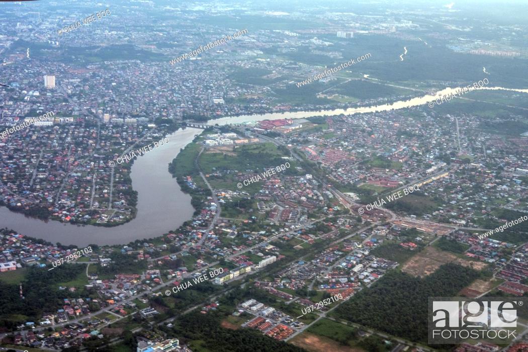 Stock Photo: Bird's view of Kuching city and Sarawak river, Sarawak, Malaysia.