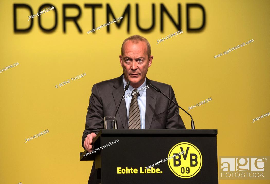 Stock Photo: Thomas Tress, current CFO of German Bundesliga soccer team Borussia Dortmund, delivers a speech at the shareholders' meeting of Borussia Dortmund in Dortmund.