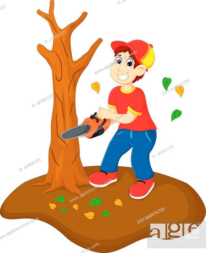 vector illustration of funny boy cartoon cutting tree with saw, Stock  Vector, Vector And Low Budget Royalty Free Image. Pic. ESY-040976728 |  agefotostock