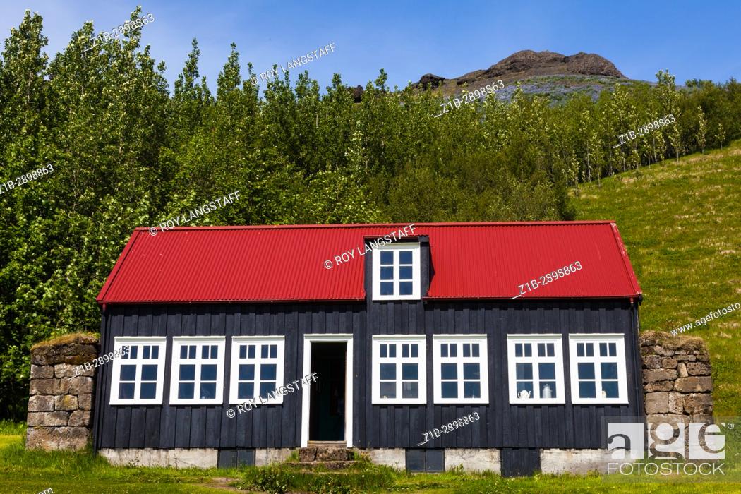 Stock Photo: House built entirely of driftwood now moved to the Skogar Folk Museum in Iceland.