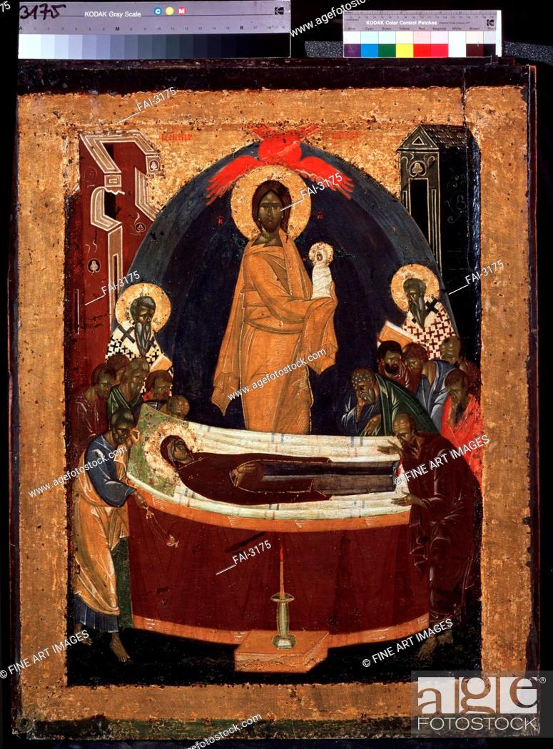 Stock Photo: The Dormition of the Virgin. Theophanes the Greek (ca. 1340-ca. 1410). Tempera on panel. Russian icon painting. 1380s-1390s.