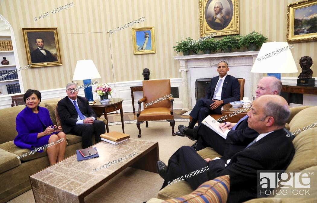 Stock Photo: Unted States President Barack Obama meets with former National Security Advisor Tom Donilon (2R) and former IBM CEO Sam Palmisano (2L).