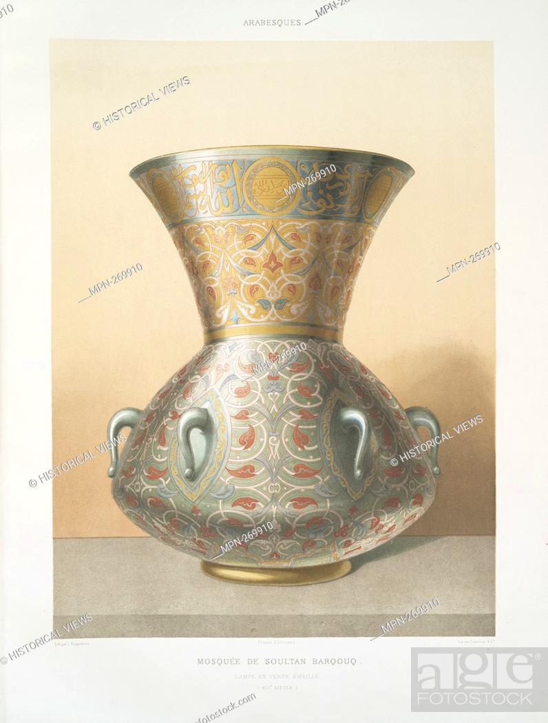 Stock Photo: Arabesques: Soulq Barqouq mosque: enamelled glass lamp (14th century). Prisse d'Avennes (1807-1879) (Author) Prisse d'Avennes (1807-1879) (Artist) Imprimerie.